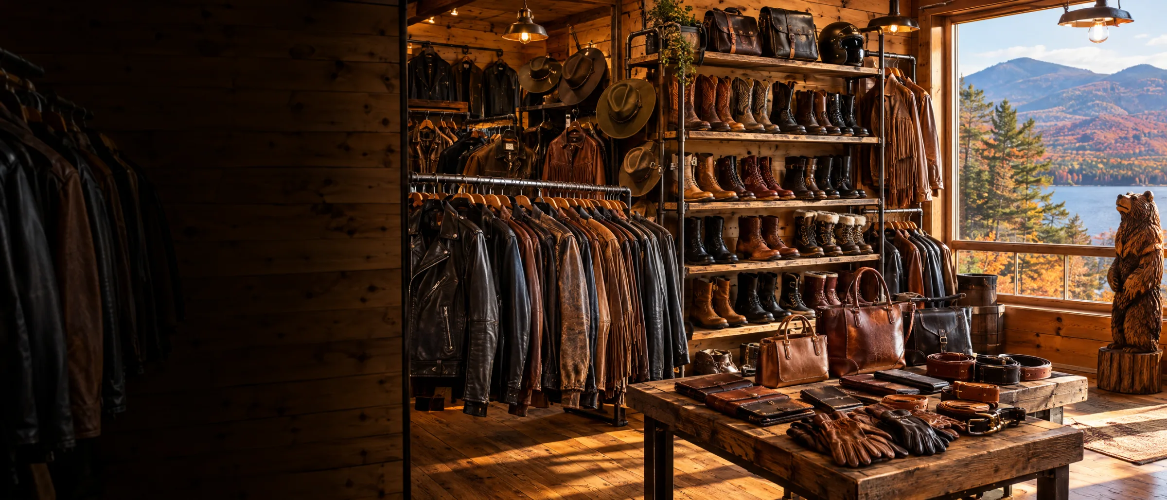 Leather jackets, boots, handbags, belts and gloves inside The Leather Outlet, with the Adirondack mountains and Lake George outside the window